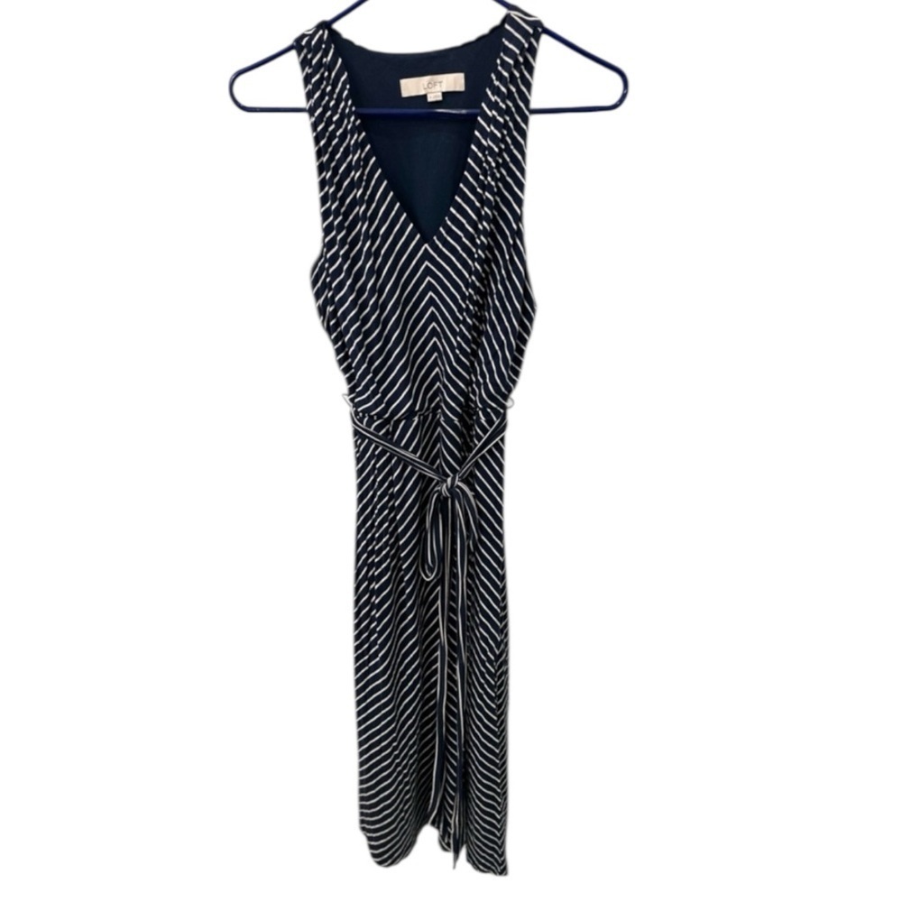 LOFT Navy and Cream Striped V-Neck Sleevleless Dress M